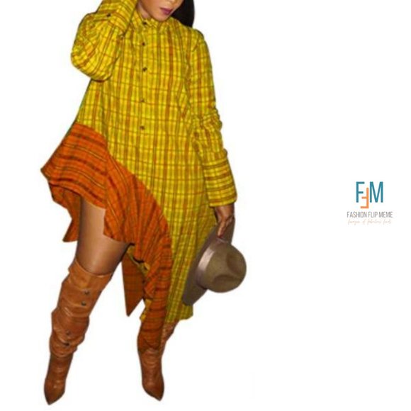 Contrast Asymmetrical Hem Long-Sleeve Plaid Shirt Dress - Picture 1 of 6